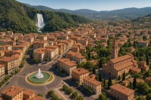 Un agglomerato di case con una fontana al centro e una cascata sullo sfondo